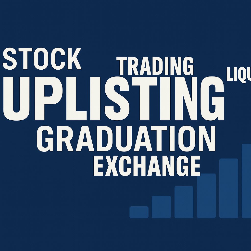 Word cloud visualizing key concepts of uplisting and graduation for public companies, including governance, exchange, and liquidity.