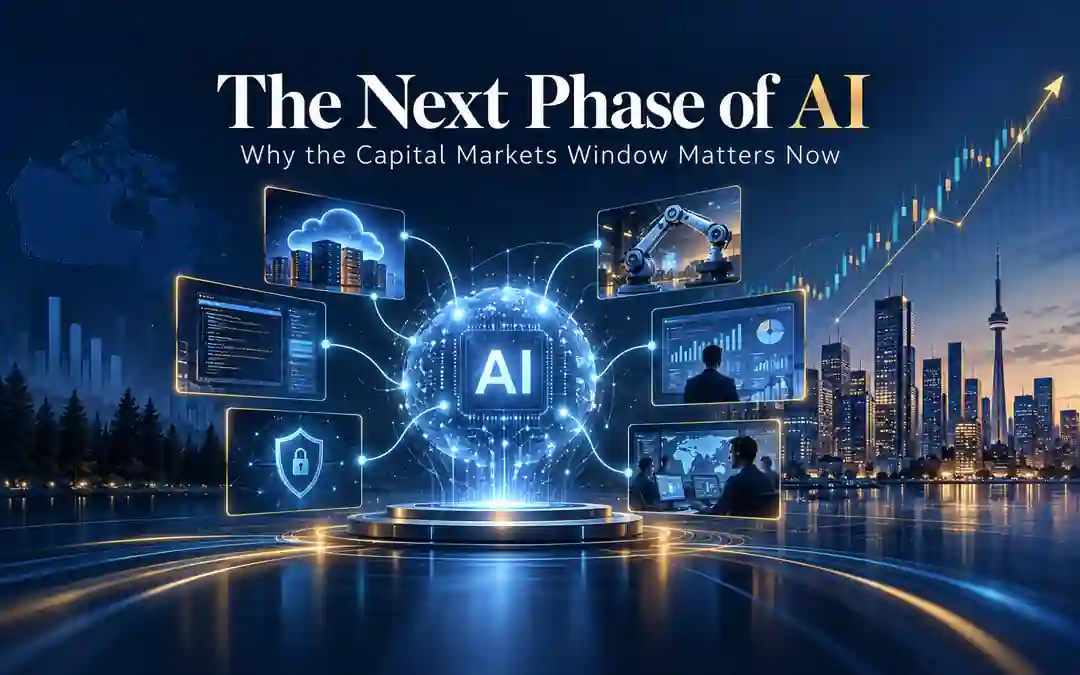 AI network connecting software, robotics, cybersecurity and business analytics with a rising capital markets chart and Toronto skyline