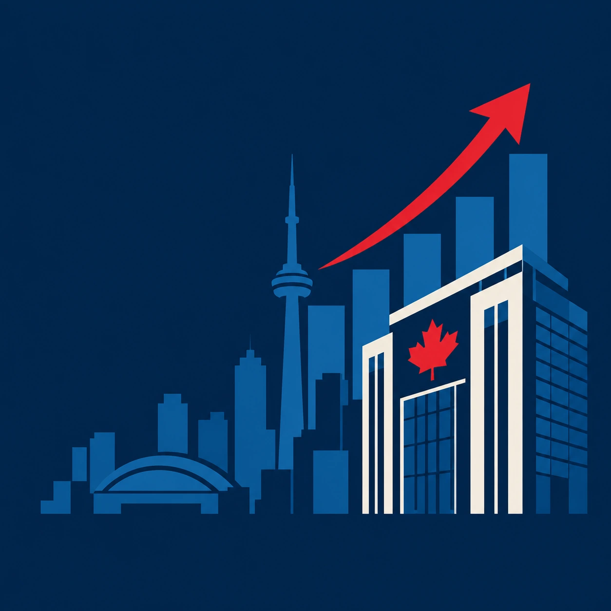 Canadian going public market growth illustration with skyline and stock exchange building