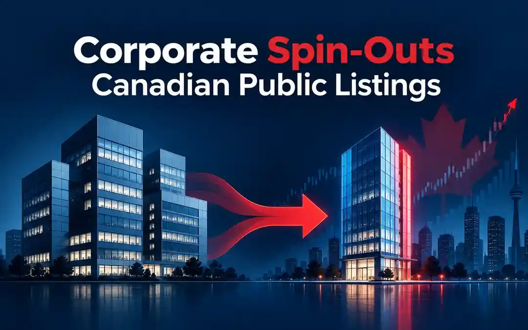 Corporate spin-outs and Canadian public listings illustrated by separate corporate buildings, a red directional arrow and Canadian capital markets graphics
